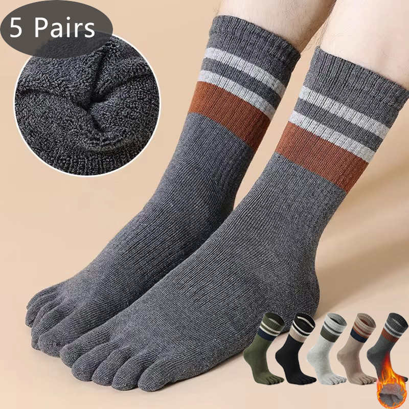 Mens Terry Toe Socks Cotton Striped Thick Soft 5 Finger Socks For SweatAbsorbing Warmth Party Dre 0