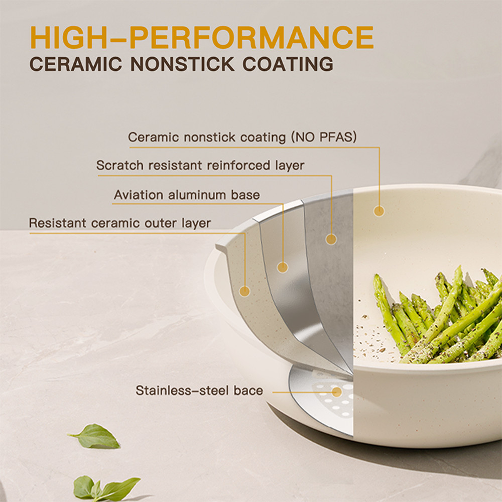 Complete Milky White Ceramic Cookware Set, Astercook Non-Stick Pots and Pans Set with Safe Sensor Handles