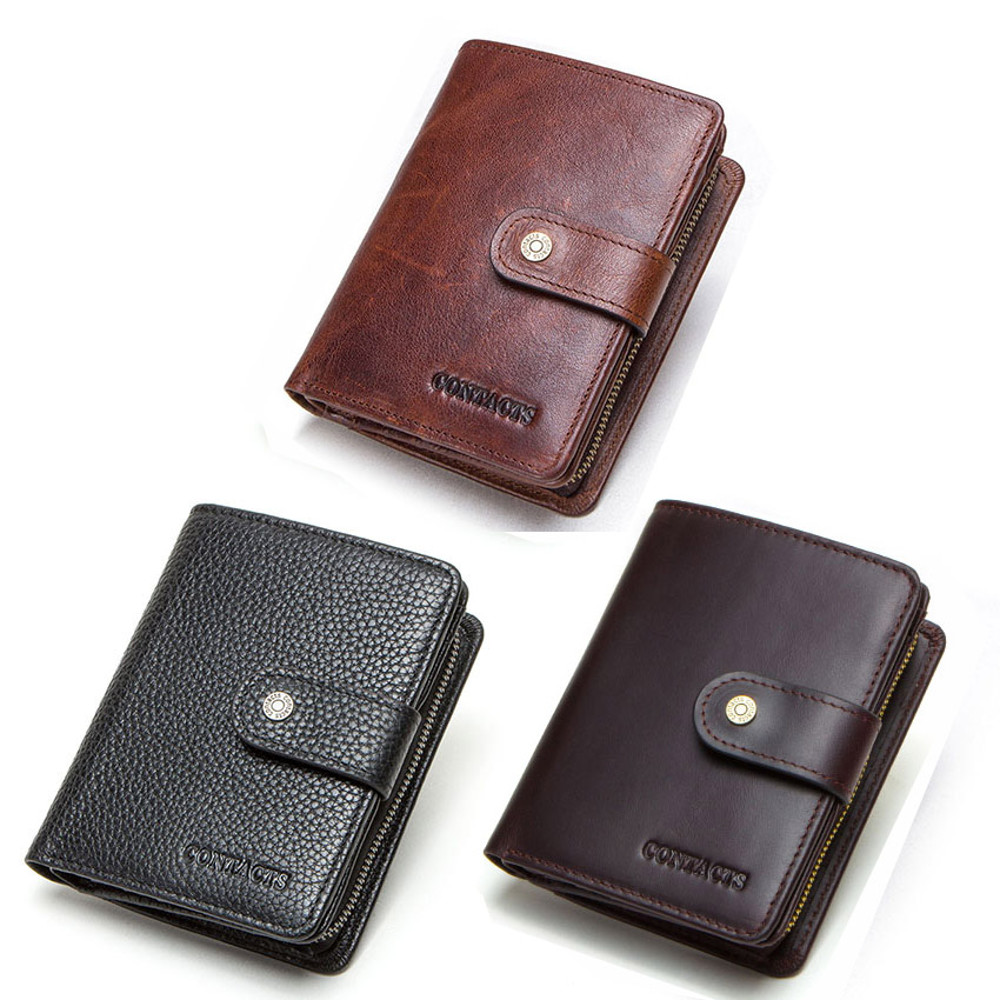 Genuine Leather RFID Wallet For Men Vintage Short Wallet With Coin Pocket Card Holders Zipper Pock 4