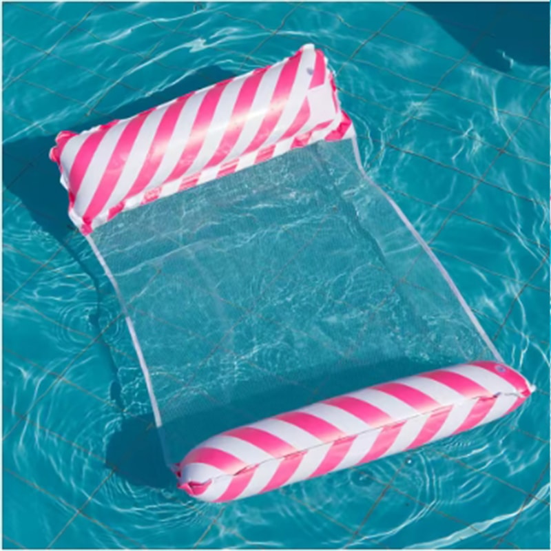 Beach & Pool Foldable Striped Inflatable Lounge Chair with Net Backrest, Comfortable Floating Bed for Summer Parties
