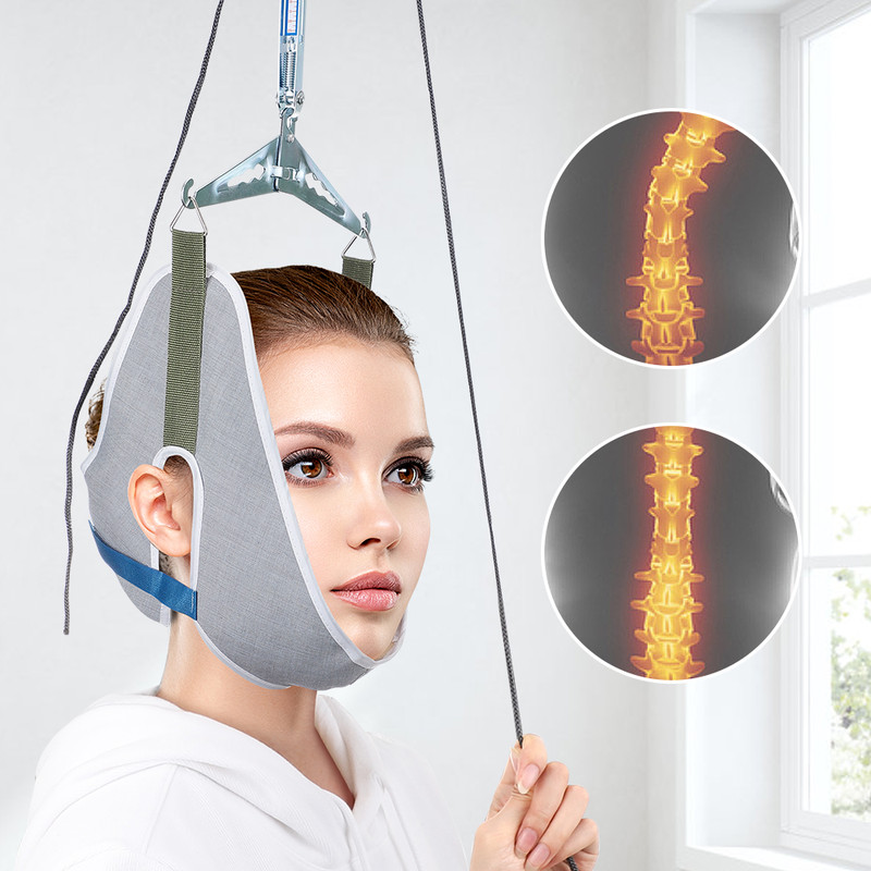 Adjustable Over Door Hanging Neck Traction Kit with Cushion Belt Brace, Cervical Correction Stretcher & Head Massager