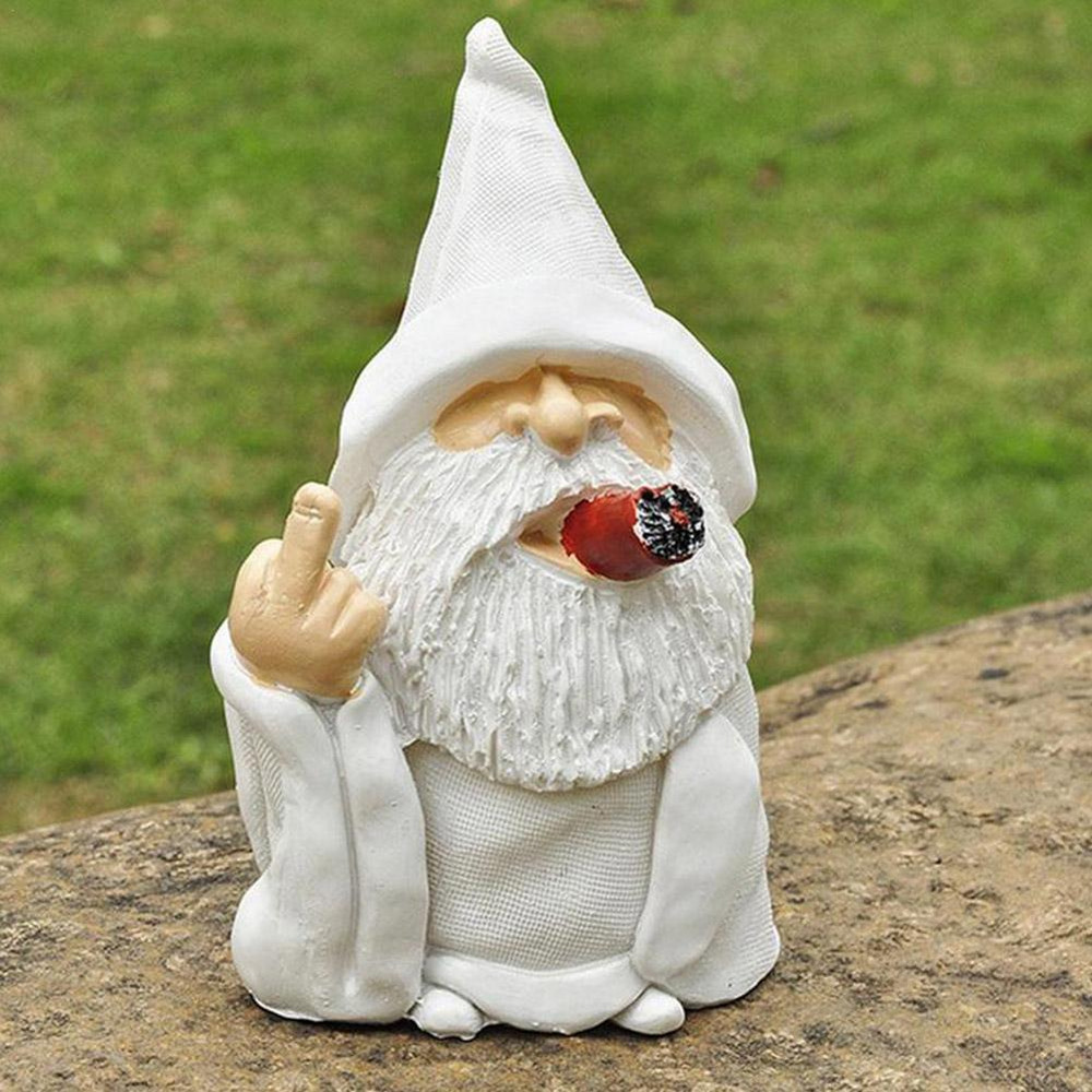 Funny White Beard Old Man Smoking Statue Resin Garden Gnome Ornament With Middle Finger  Scissors H 1