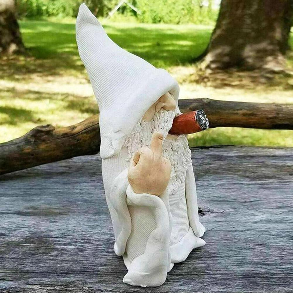 Funny White Beard Old Man Smoking Statue Resin Garden Gnome Ornament With Middle Finger  Scissors H 2
