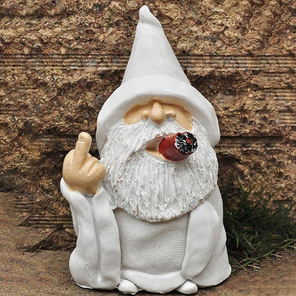 Funny White Beard Old Man Smoking Statue Resin Garden Gnome Ornament With Middle Finger  Scissors H 0