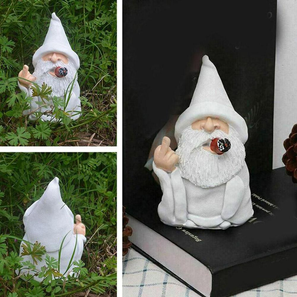 Funny White Beard Old Man Smoking Statue Resin Garden Gnome Ornament With Middle Finger  Scissors H 3