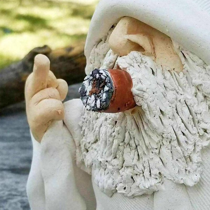 Funny White Beard Old Man Smoking Statue Resin Garden Gnome Ornament With Middle Finger  Scissors H 4