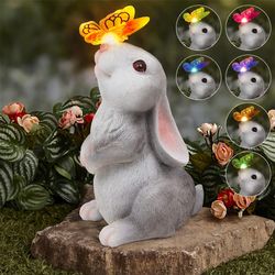 resin solar bunny statue garden decor with led butterfly light, outdoor animal figurine sculpture for courtyard, lawn