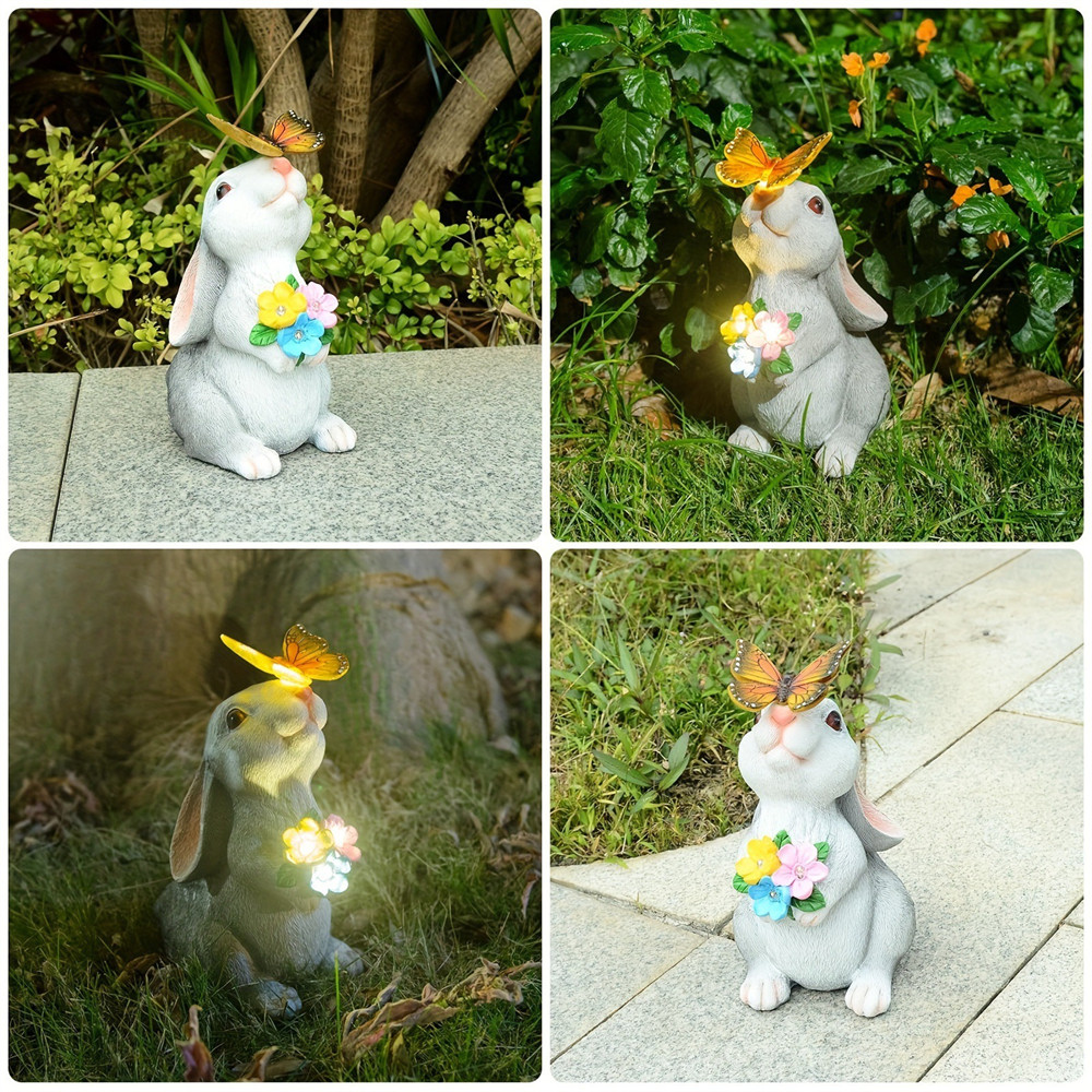 Resin Solar Bunny Statue Garden Decor With LED Butterfly Light Outdoor Animal Figurine Sculpture Fo 2