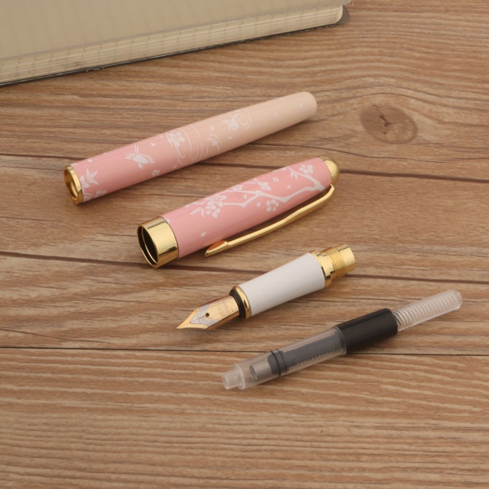 Luxury Pen With Ink Metal Fountain Pen Pink Flowers F Nib Professional Office School Supplies Gift 5