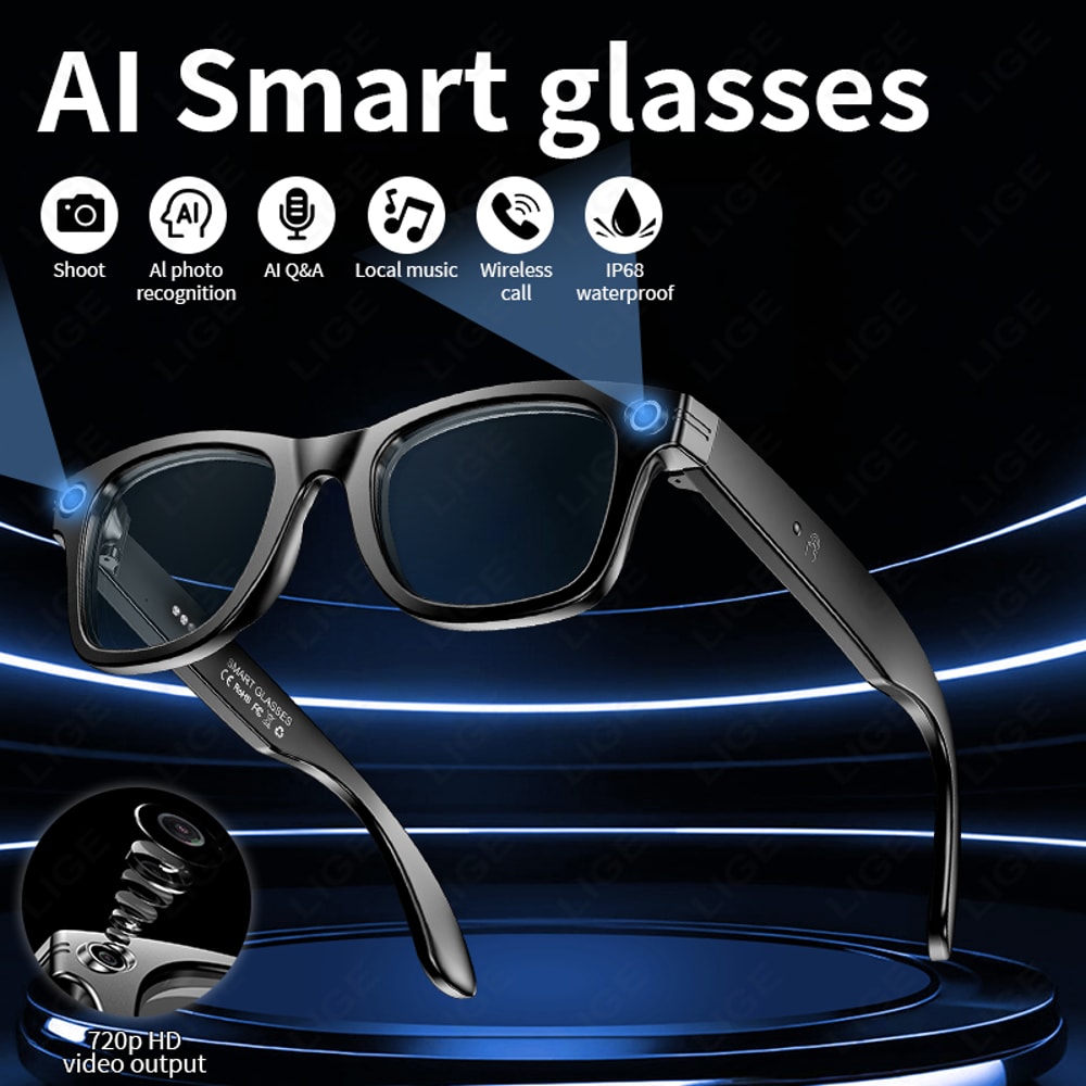 Smart Glasses Recording Videos AI Photo Recognition & Translation, Waterproof Bluetooth Glasses