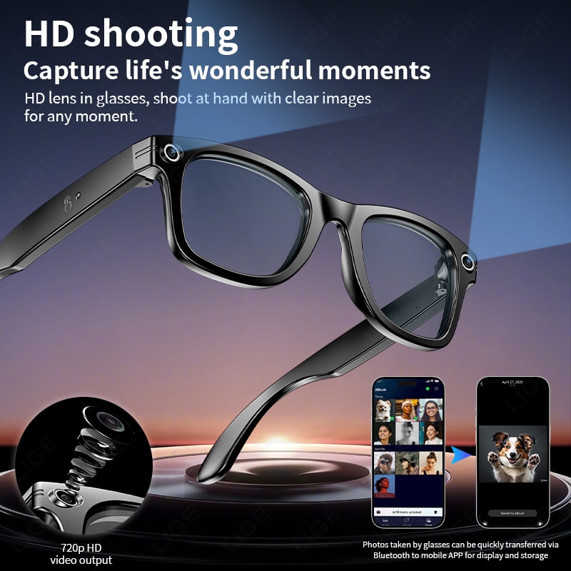 Smart Glasses Recording Videos AI Photo Recognition & Translation, Waterproof Bluetooth Glasses