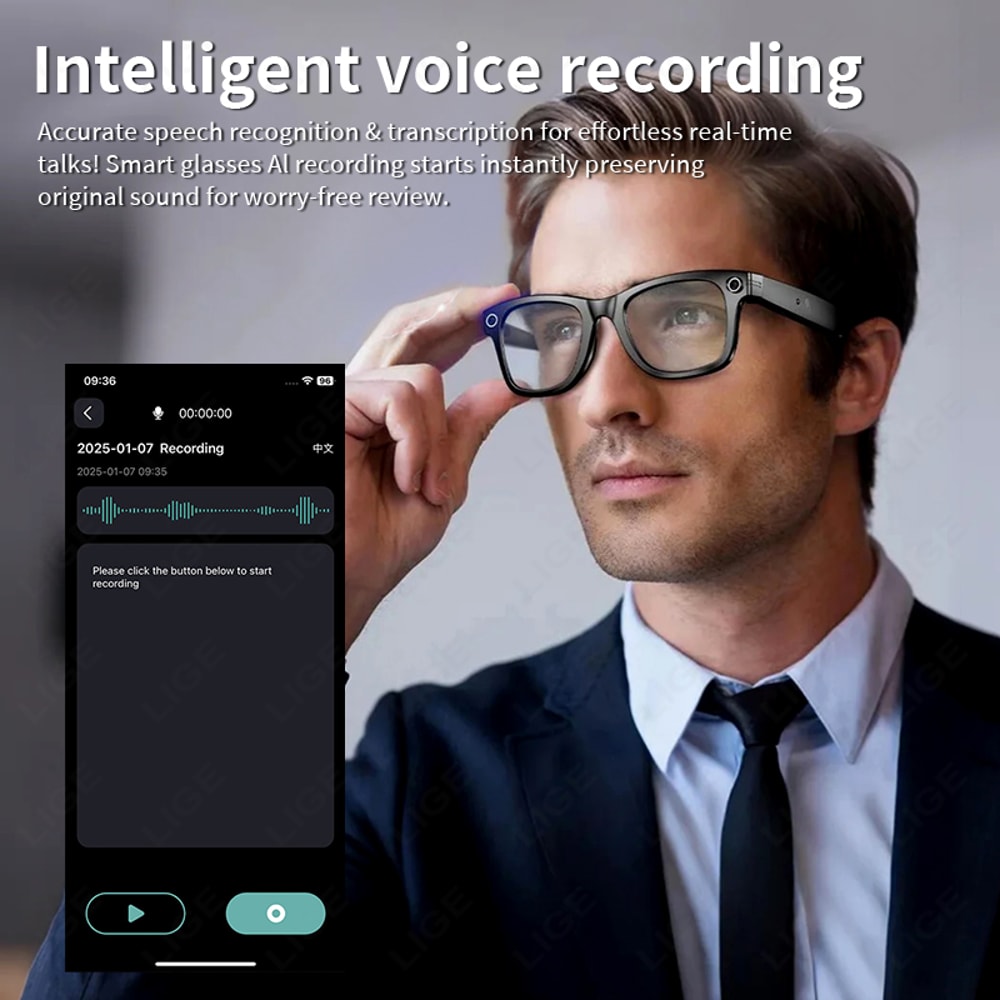 Smart Glasses Recording Videos AI Photo Recognition & Translation, Waterproof Bluetooth Glasses