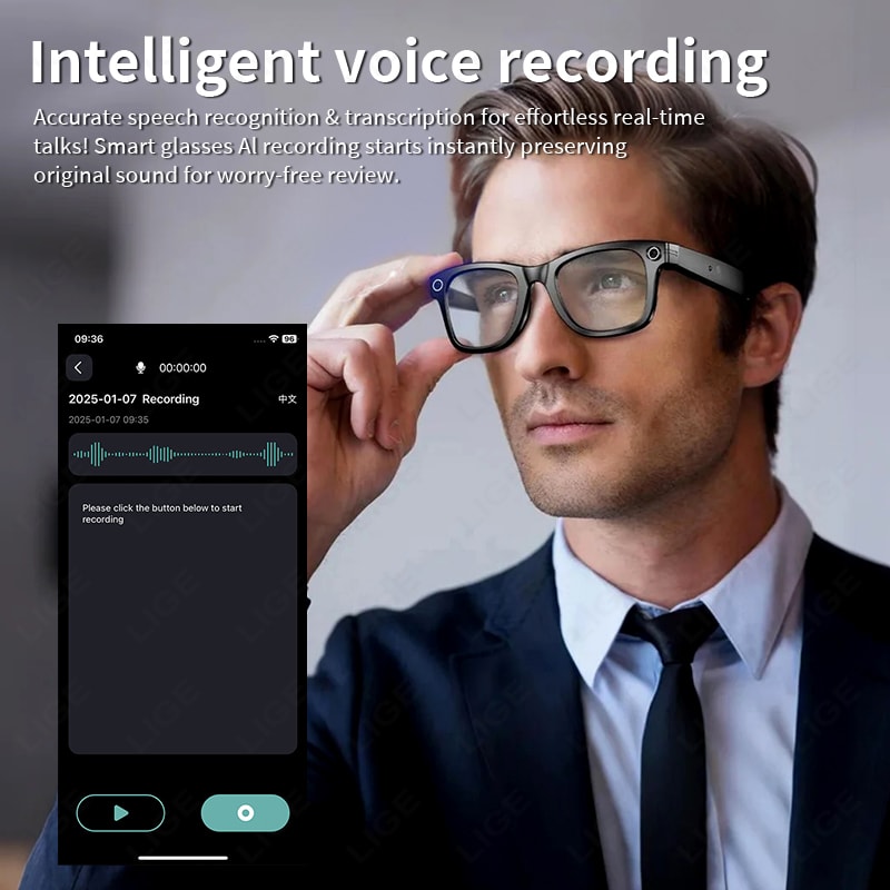 Smart Glasses Recording Videos AI Photo Recognition & Translation, Waterproof Bluetooth Glasses