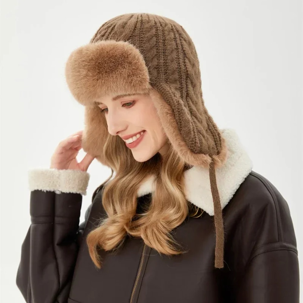 Womens Russian Caps Fur Winter Thickened Warm Knit Ushanka Earflap Pilot Hat Ski Snow Bomber Hat 10