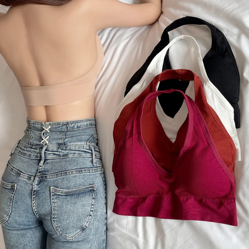 Sexy Halter Backless Bra, Wire-Free Soft Sport Bra for Interior Layering, Hanging Neck Camisole with Beauty Back