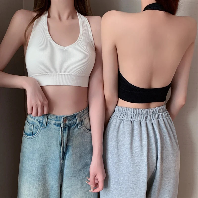 Sexy Halter Backless Bra, Wire-Free Soft Sport Bra for Interior Layering, Hanging Neck Camisole with Beauty Back