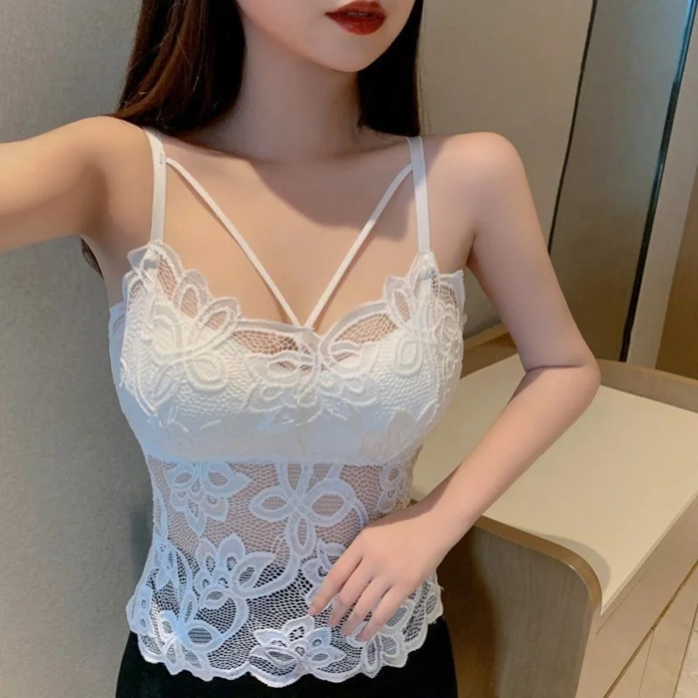 Womens Lace Camisole With BuiltIn Bra Sexy Padded Tank Top In Black  White Large Size Crop Top 0