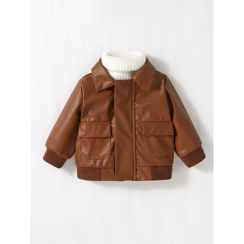 2024 New Baby Boys PU Leather Jacket, 1-3Y Fall Winter Leather Coat with Turn-Down Collar, Zipper, Fashion Outwear
