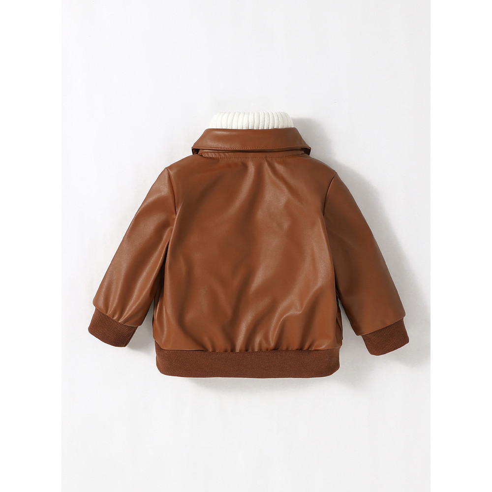 2024 New Baby Boys PU Leather Jacket, 1-3Y Fall Winter Leather Coat with Turn-Down Collar, Zipper, Fashion Outwear