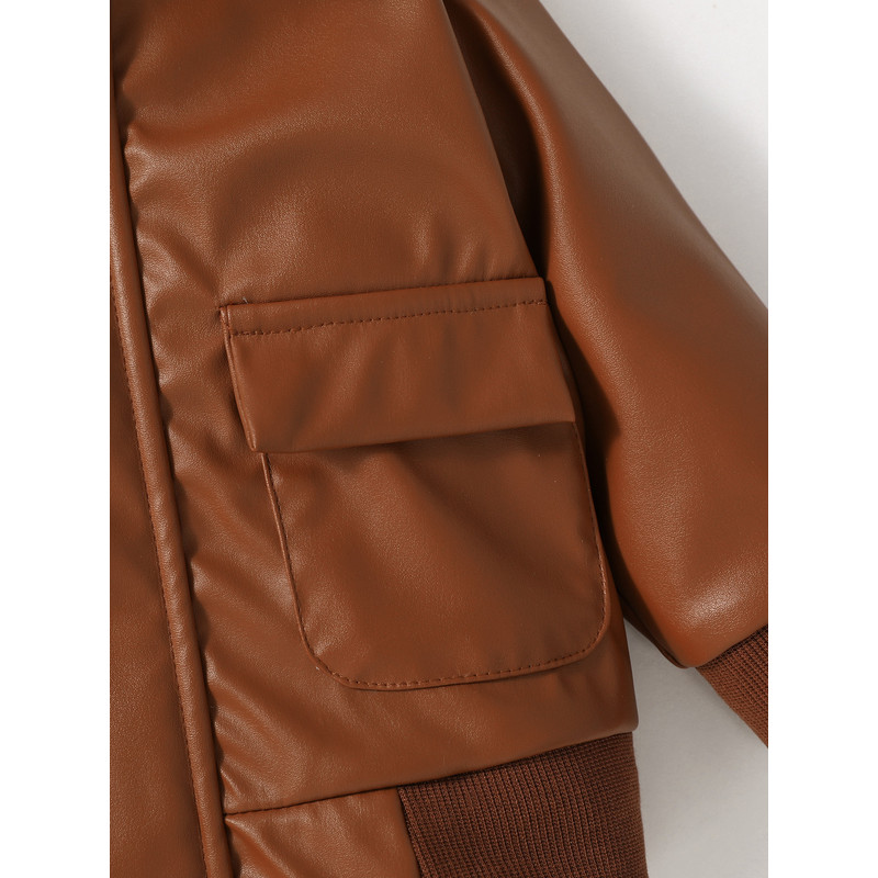 2024 New Baby Boys PU Leather Jacket, 1-3Y Fall Winter Leather Coat with Turn-Down Collar, Zipper, Fashion Outwear