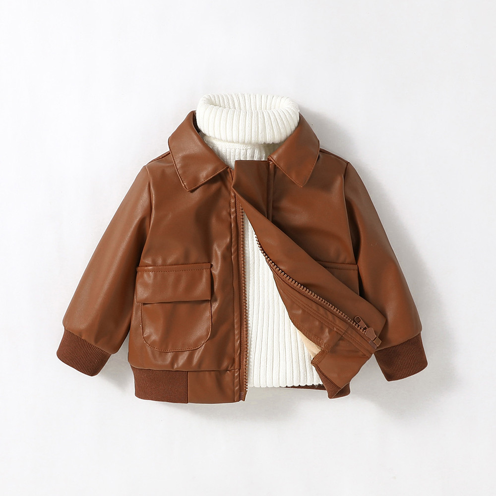 2024 New Baby Boys PU Leather Jacket, 1-3Y Fall Winter Leather Coat with Turn-Down Collar, Zipper, Fashion Outwear