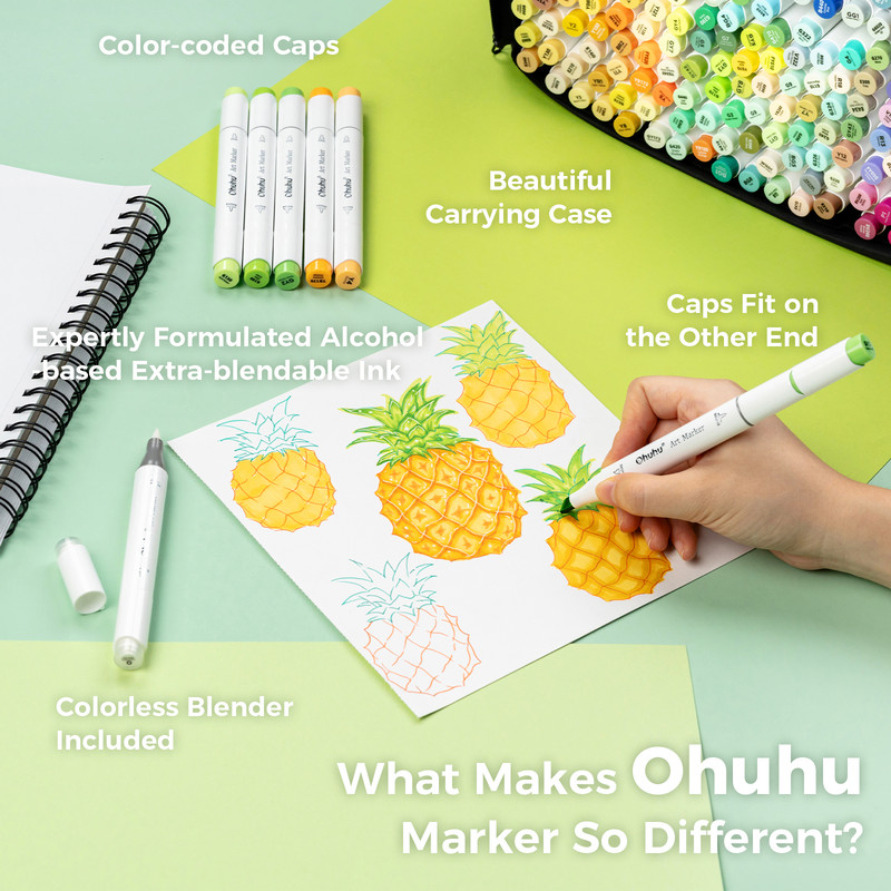 Ohuhu Honolulu Colors Alcohol Art Markers, Dual Tip Refillable Marker Pen Set for Professional Sketching, Drawing