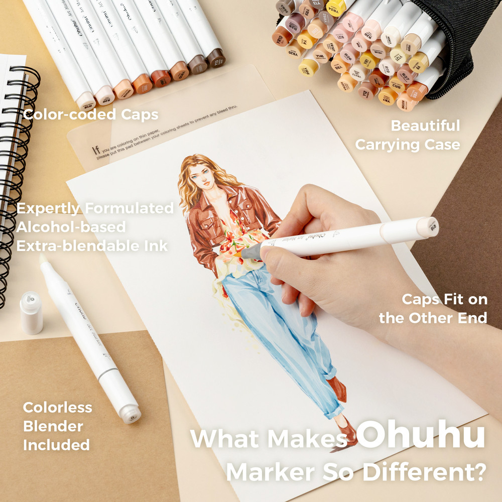 Ohuhu Honolulu Skin Colors Alcohol Art Markers, Dual Tip Refillable Marker Pen Set for Sketching, Illustration