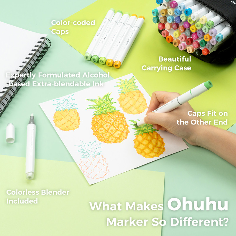 Ohuhu Honolulu Colors Alcohol Art Marker Set, Refillable Dual Tip Pens for Sketching, Manga, Drawing & Professional