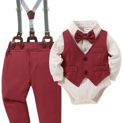 baby boy clothes wedding outfit suits, infant boy gentleman set with dress shirt, vest, suspenders, pants, bowtie