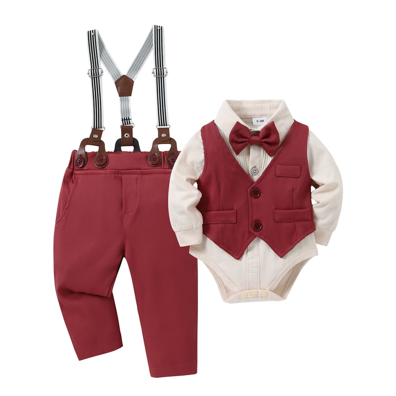 Baby Boy Clothes Wedding Outfit Suits, Infant Boy Gentleman Set with Dress Shirt, Vest, Suspenders, Pants, Bowtie
