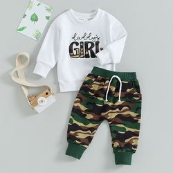 adorable baby girl 2-piece spring ensemble, floral embroidered pullover, camo print pants, cute toddler outfit