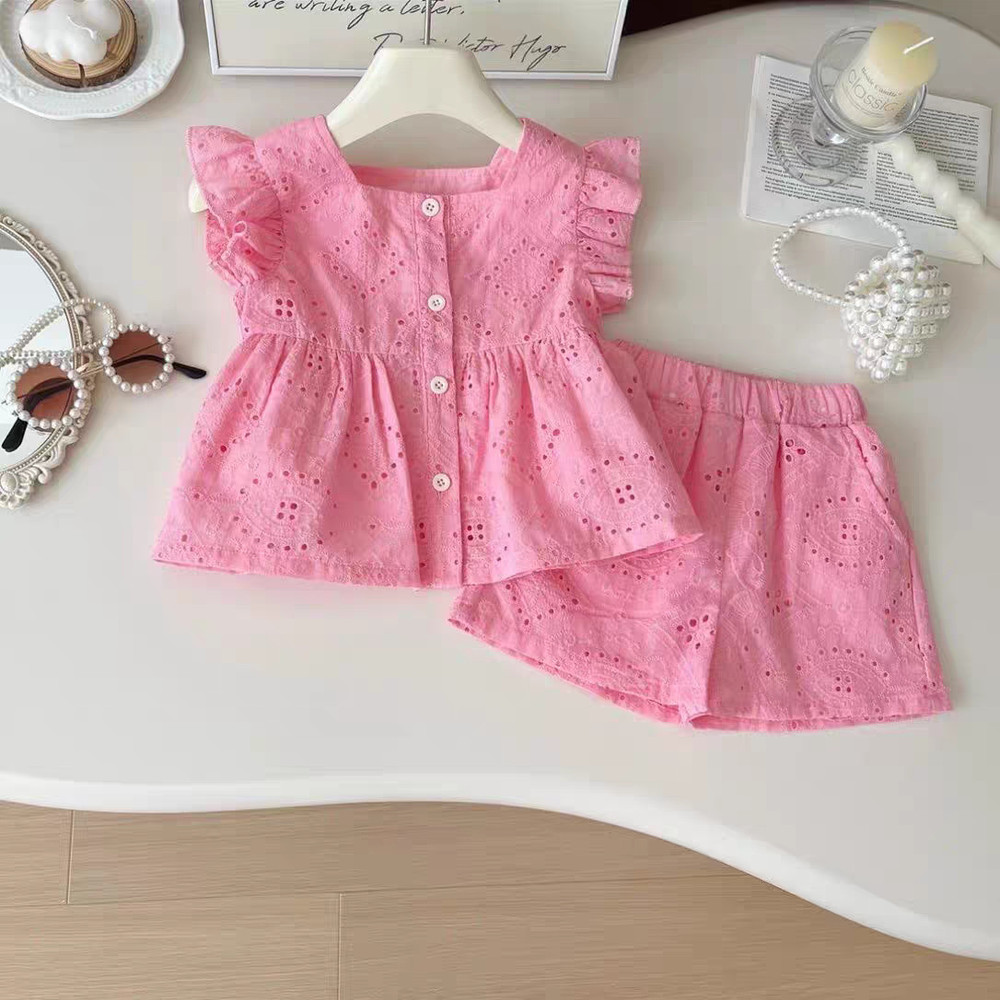 New Korean Style Girls Summer Pink Cotton Suit, Baby Hollow Small Flying Sleeve Top Shorts Two-Piece Set