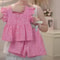 New Korean Style Girls Summer Pink Cotton Suit, Baby Hollow Small Flying Sleeve Top Shorts Two-Piece Set
