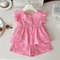 New Korean Style Girls Summer Pink Cotton Suit, Baby Hollow Small Flying Sleeve Top Shorts Two-Piece Set