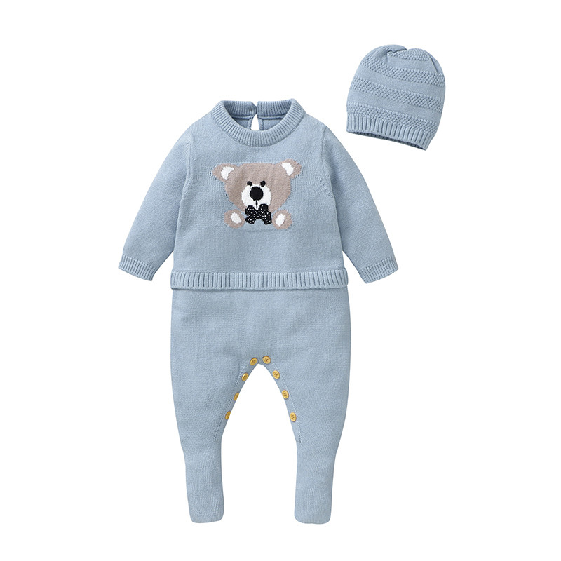 0-18m Baby Romper and Hat Set, Soft Knitted Newborn Boy Outwear, 2pcs Long Sleeve Playsuit Costume for Spring, Fall