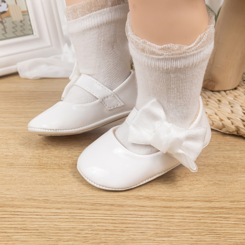 Breathable Newborn Baby Non-slip PU Walking Shoes, Soft Rubber Sole Baby Princess Shoes with British Bow Style
