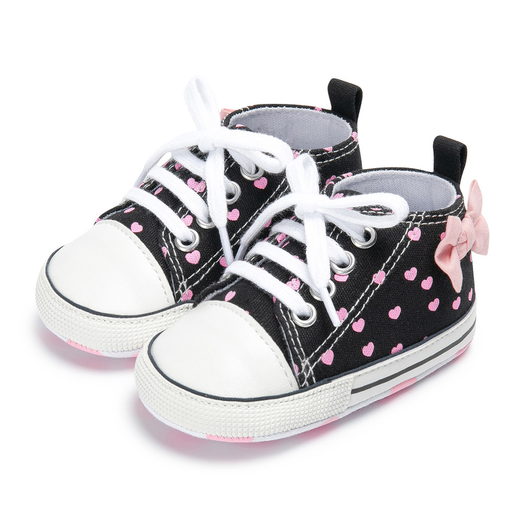Fashion Bowknot Heart Print Newborn Baby Girls Shoes, Classic Canvas High Tops Sneakers with Soft Anti-Slip Sole
