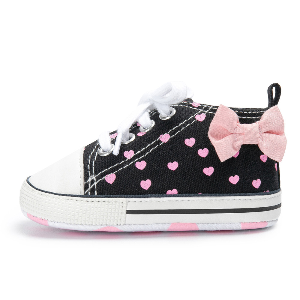 Fashion Bowknot Heart Print Newborn Baby Girls Shoes, Classic Canvas High Tops Sneakers with Soft Anti-Slip Sole