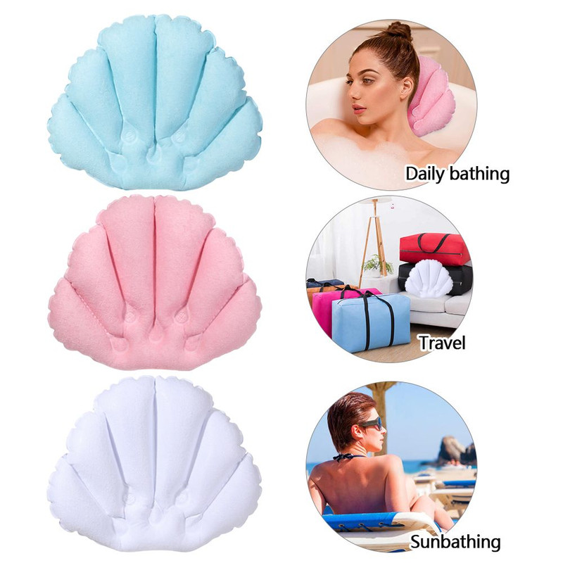 Inflatable Soft Spa Neck Bath Pillow With Suction Cups, Terry Cloth Fan-Shaped Neck Support Pillow Bathtub Cushion