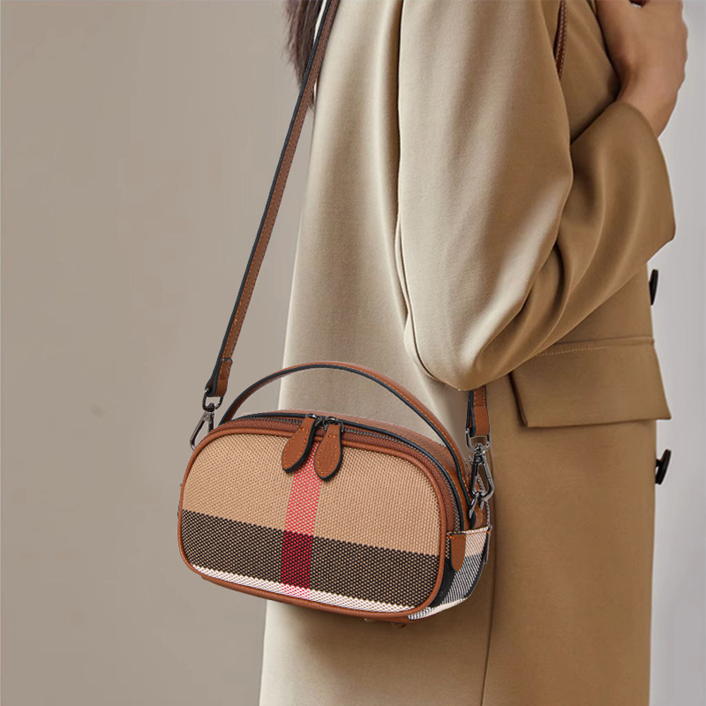 Aidranis Brown Checkered Round Crossbody Bag for Women, Crafted from Canvas Cowhide Material for Lasting Style
