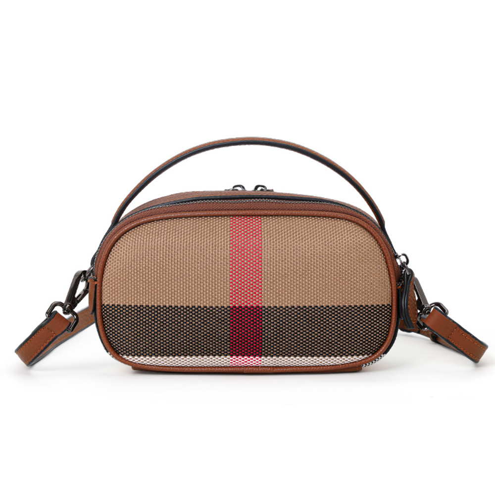 Aidranis Brown Checkered Round Crossbody Bag for Women, Crafted from Canvas Cowhide Material for Lasting Style