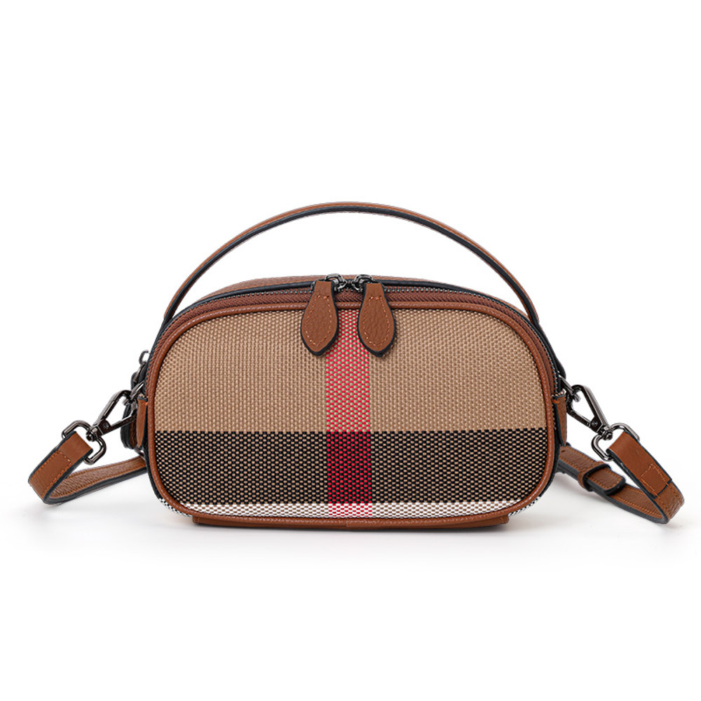 Aidranis Brown Checkered Round Crossbody Bag for Women, Crafted from Canvas Cowhide Material for Lasting Style