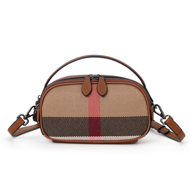 Aidranis Brown Checkered Round Crossbody Bag for Women, Crafted from Canvas Cowhide Material for Lasting Style