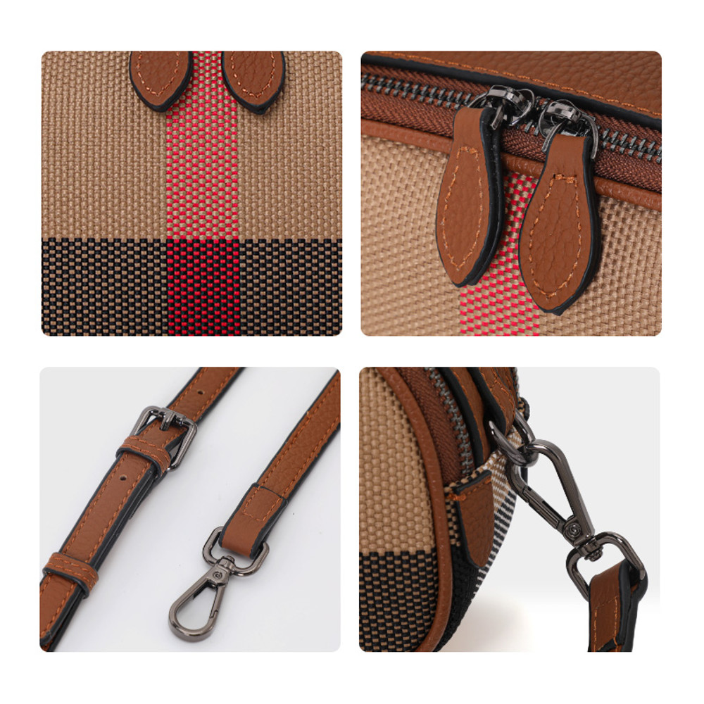 Aidranis Brown Checkered Round Crossbody Bag for Women, Crafted from Canvas Cowhide Material for Lasting Style
