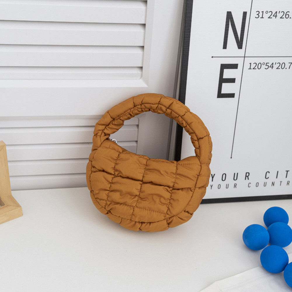 Elegant Purple Quilted Circle Phone Purse, Fashion Mini Puffer Tote Bag & Padded Key Pouch in Soft Nylon