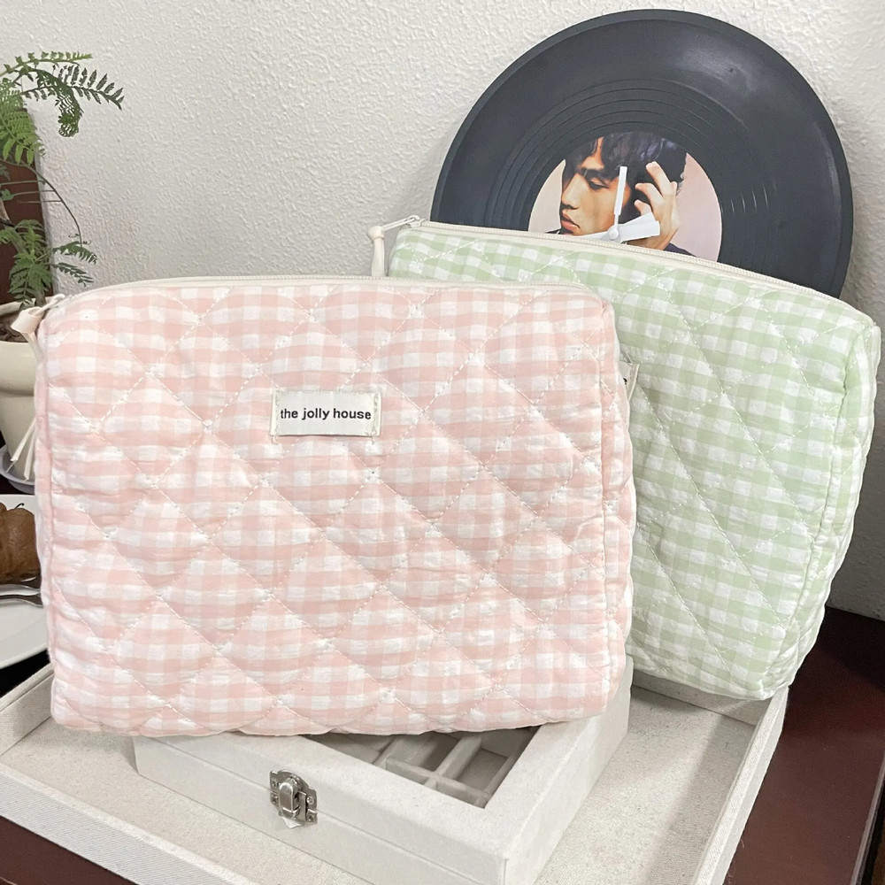 Large Capacity Plaid Cosmetic Pouch Womens Travel Storage Bag Pink Canvas Clutch For Casual Use Org 0