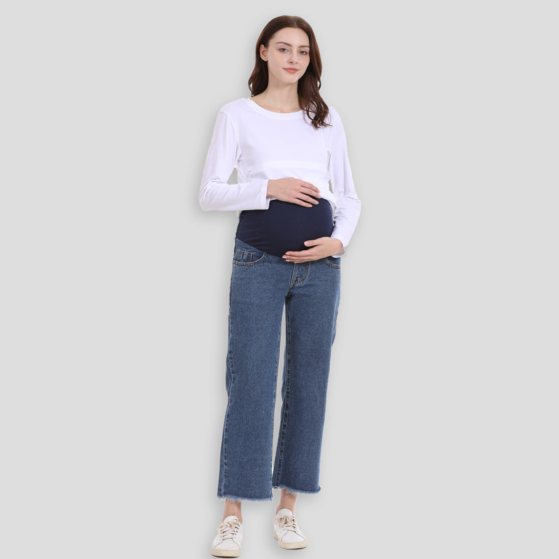 Maternity Pants for Pregnant Women with Adjustable Waist Band, Pregnancy Jean Trousers, Loose Straight Leg Wide Leg