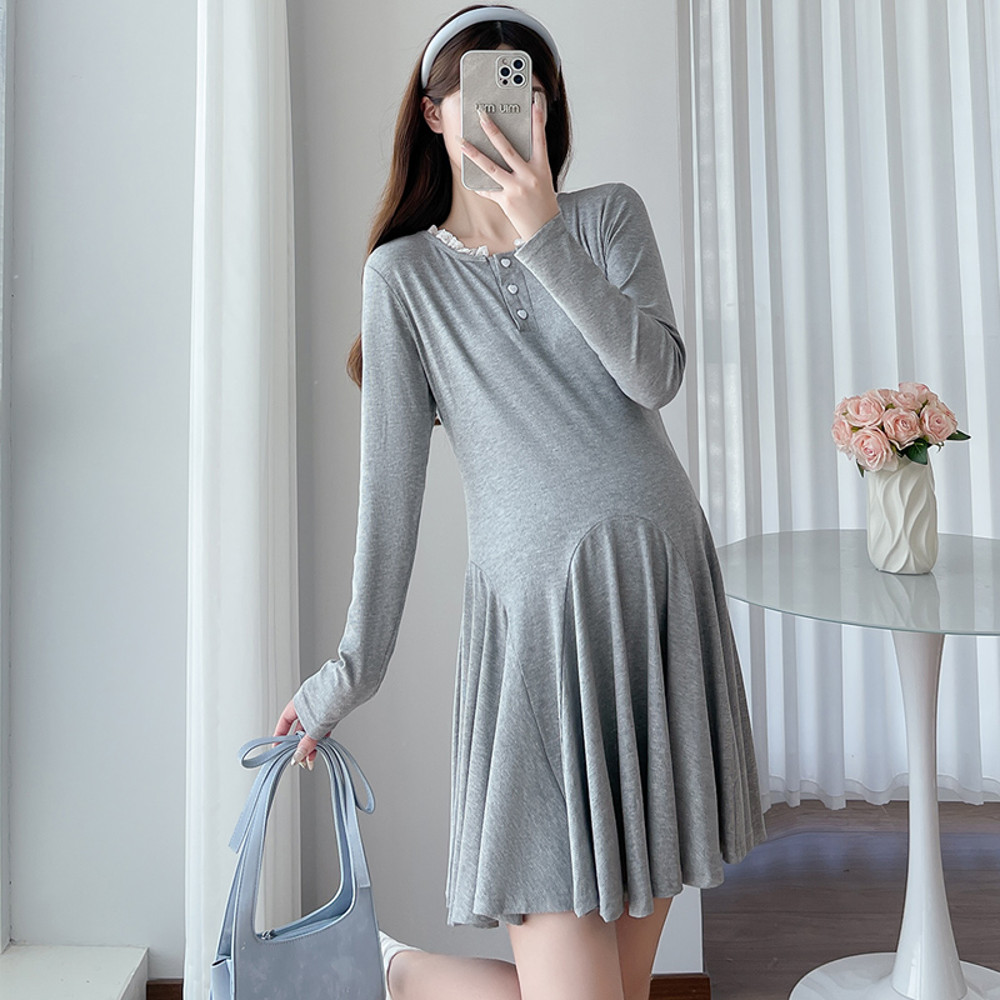Elegant Korean Style Maternity Dress, A-Line Pleated Design Long Sleeve Lace Pregnant Dress for Women