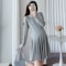 Elegant Korean Style Maternity Dress, A-Line Pleated Design Long Sleeve Lace Pregnant Dress for Women