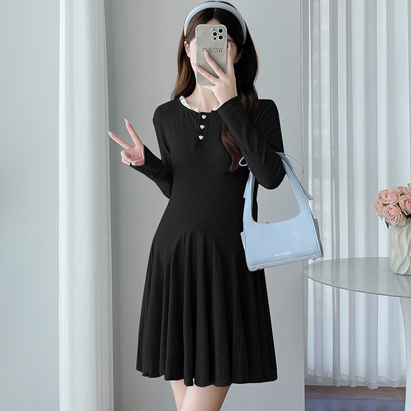 Elegant Korean Style Maternity Dress, A-Line Pleated Design Long Sleeve Lace Pregnant Dress for Women